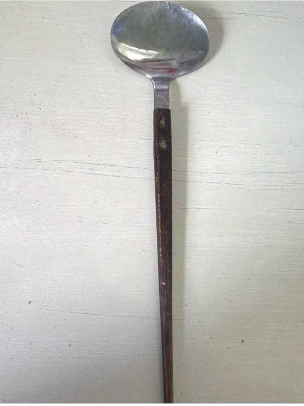Vintage mid century Wood Handle Stainless Serving Spoon - Brown 9” x 2”